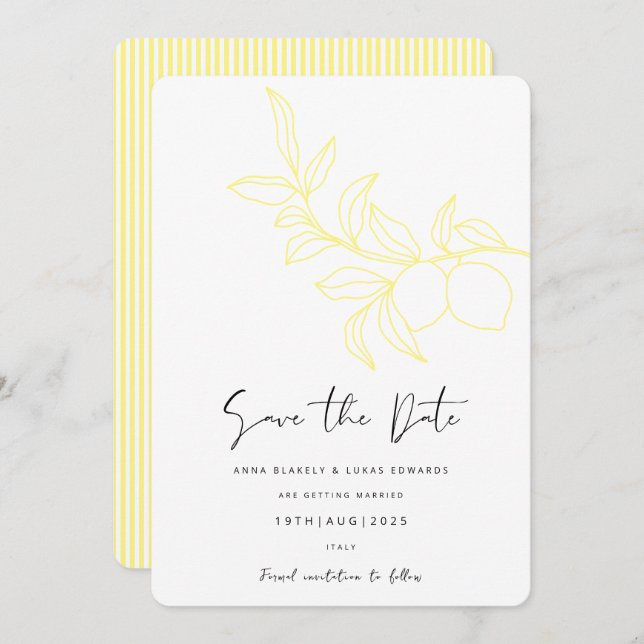 ANNA Modern Italian Lemon Stripes Save the Date Invitation (Front/Back)