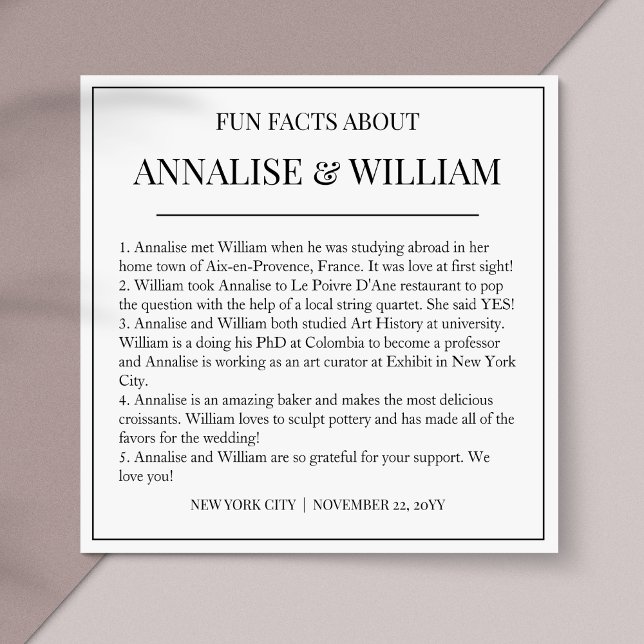 Annalise Simple Black White Fun Facts Wedding Napkin (Creator Uploaded)