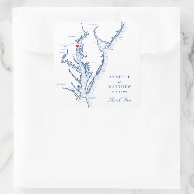 Annapolis Chesapeake Bay Map Navy Wedding Favour Square Sticker (Bag)