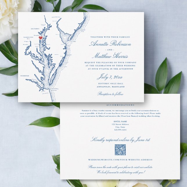 Annapolis Maryland all-in-one QR code RSVP Wedding Invitation (Annapolis Maryland Elegant QR Code RSVP all-in-one wedding invitation with elegant navy blue map)