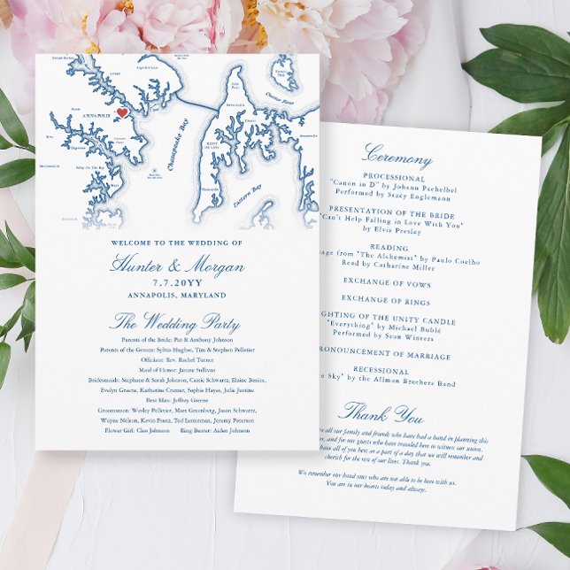 Annapolis Maryland Elegant Wedding Program (Annapolis Maryland Wedding Program in elegant navy blue from Coastal Map Designs)