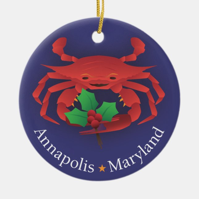 Annapolis Maryland Skyline & Crab with Holly Ceramic Tree Decoration (Front)