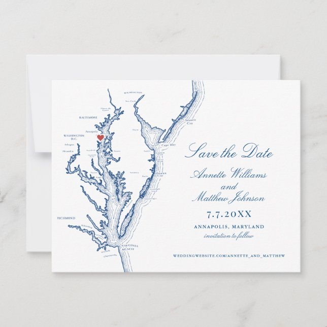 Annapolis Maryland Wedding Elegant Navy Map Save The Date (Front)