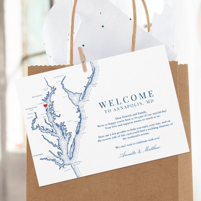 Annapolis Maryland Wedding Welcome Itinerary Thank You Card (These Annapolis wedding welcome letters include your weekend events and wedding itinerary on back)