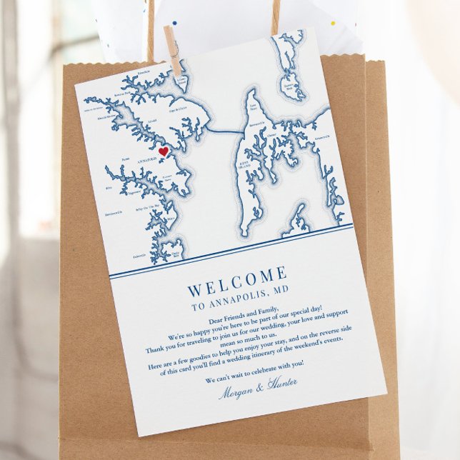 Annapolis Maryland Wedding Welcome Itinerary Thank You Card (These Annapolis Wedding welcome letters include a weekend events itinerary on the back)