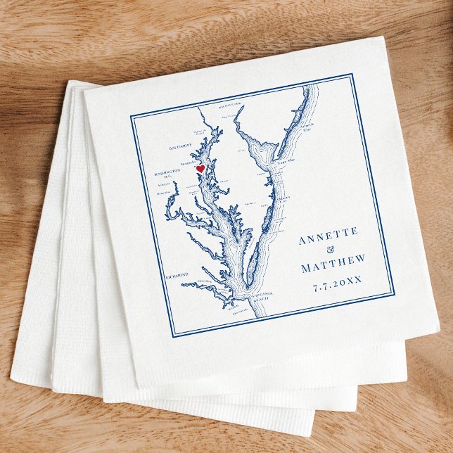 Annapolis MD Chesapeake Bay Map Elegant Wedding Napkin (Annapolis MD Custom Wedding Napkins with Elegant Navy Blue Chesapeake Bay by Coastal Map Design)