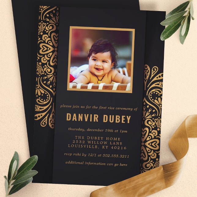 Annaprashan Black Gold First Rice Ceremony Photo Invitation (Creator Uploaded)