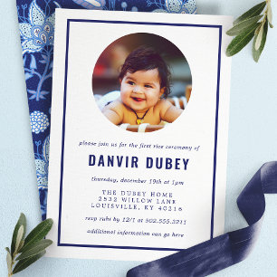 Annaprashan Blue Floral First Rice Ceremony Photo Invitation