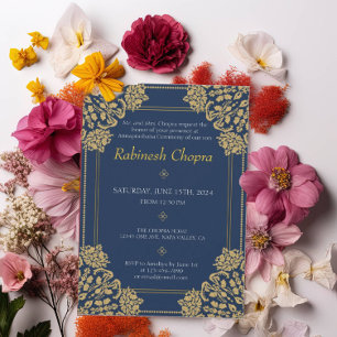 Annaprashan First Rice Blue Gold Ornament Photo Invitation