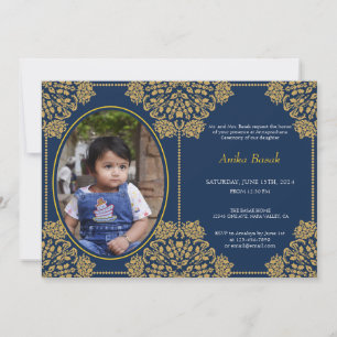 Annaprashan First Rice Blue Gold Ornamented Photo Invitation
