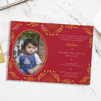 Annaprashan First Rice Ceremony Red Gold Photo Invitation