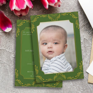Annaprashan First Rice Green Gold Flowers Photo Invitation