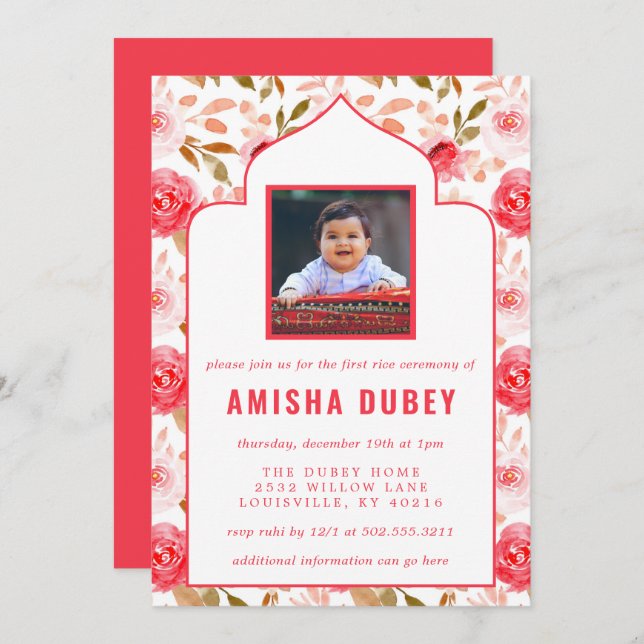 Annaprashan Watercolor Floral First Rice Ceremony Invitation (Front/Back)