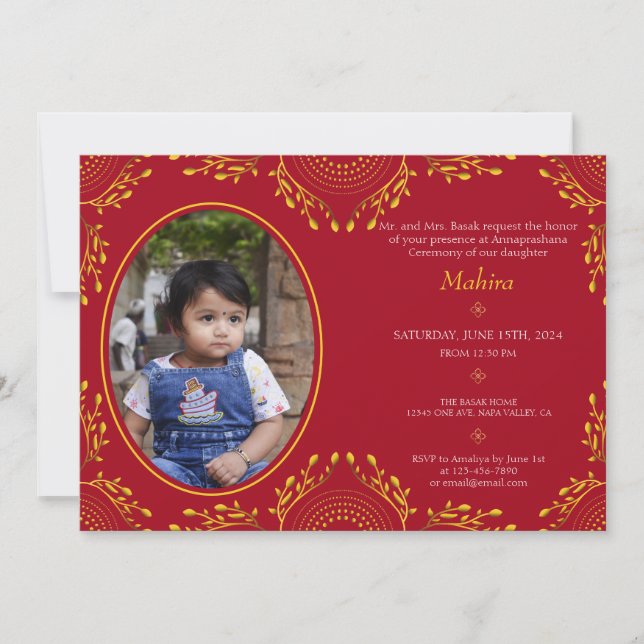 Annaprashana First Rice Ceremony Red Gold Photo Invitation (Front)