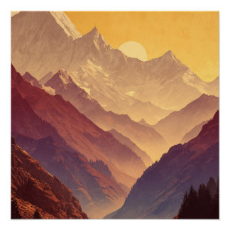 Annapurna Circuit Huge Peaking Mountains With Sun Poster