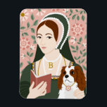 Anne Boleyn Illustration Magnet<br><div class="desc">This illustration features a portrait of the controversial and misunderstood second wife of Henry VIII, Anne Boleyn. Pictured on a floral background reading a book and cuddling her spaniel Purkoy. She appears beautiful, intelligent and confident, and is so much more than the descriptions in our history books. I originally created...</div>