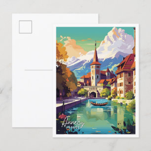 Annecy France Art vintage travel illustration Postcard