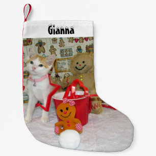 Annie's Cute Cat and Gingerbread Personalised  Small Christmas Stocking