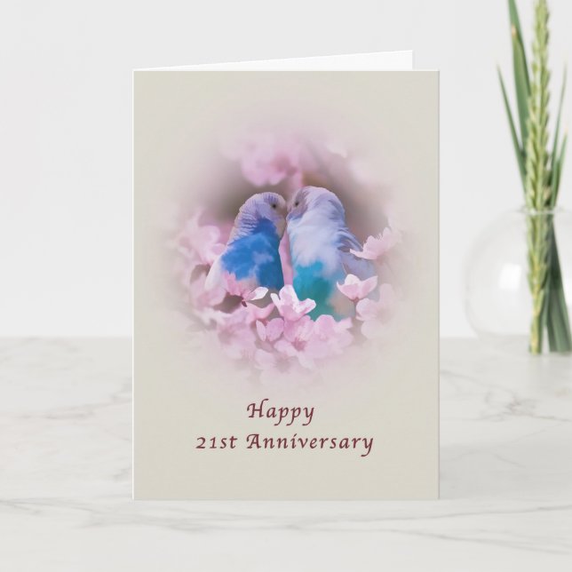 Anniversary, 21st, Loving Parakeets, Pink Flowers Card (Front)