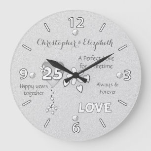 Anniversary 25 years hearts flowers and names large clock