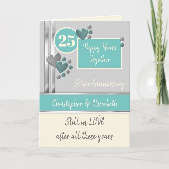 Anniversary 25th Silver 25 years turquoise cream Card (Front)