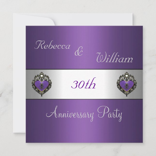 Anniversary 30th Elegant Purple Heart Jewel Invitation (Front)