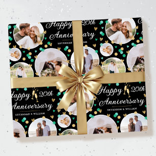 Anniversary 5 Photo Collage Green Black Faux Gold Wrapping Paper