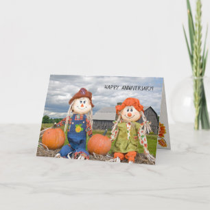 anniversary autumn scarecrows on hay bale card