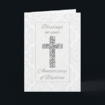 Anniversary Baptism Blessings Cross with Swirls Card<br><div class="desc">Beautiful grey damask with swirls card to celebrate an Anniversary of Baptism. Perfect for any age,  man,  woman,  boy or girl to wish blessings upon their anniversary of Baptism. Damask background from Vecteezy.com</div>