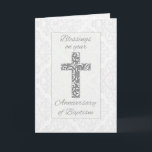 Anniversary Baptism Blessings Cross with Swirls Card<br><div class="desc">Beautiful grey damask with swirls card to celebrate an Anniversary of Baptism. Perfect for any age,  man,  woman,  boy or girl to wish blessings upon their anniversary of Baptism. Damask background from Vecteezy.com</div>
