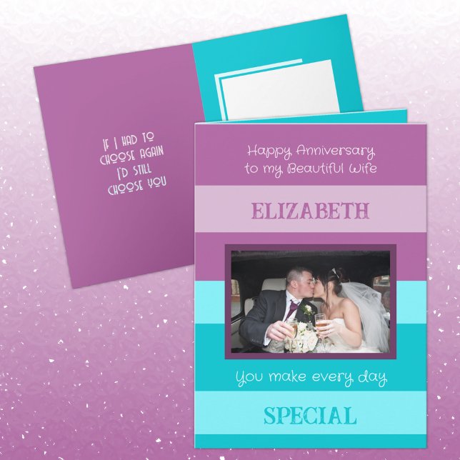 Anniversary beautiful wife purple blue photo card (Creator Uploaded)