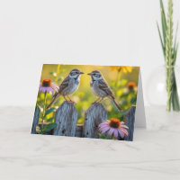 Anniversary Birds and Cone Flowers On a Wood Fence