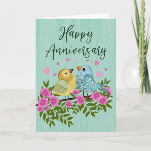 Anniversary Birds with Flowers and Hearts Card