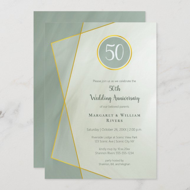anniversary birthday 50th greyed jade w gold frame invitation (Front/Back)
