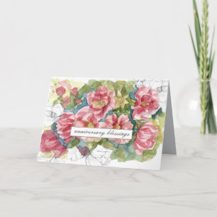 Anniversary Blessings Pink Roses Watercolor Flower Card