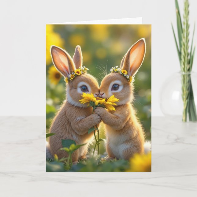 Anniversary Bunnies Smelling a Yellow Sunflower Card (Front)