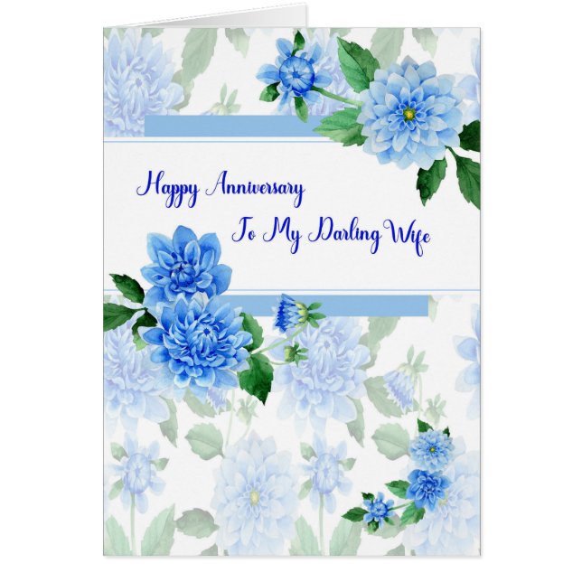 Anniversary Card for Wife, Blue Dahlias (Front)