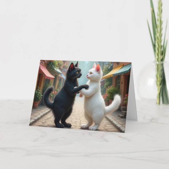 Anniversary Cats Dancing On Cobblestone Street Card (Front)