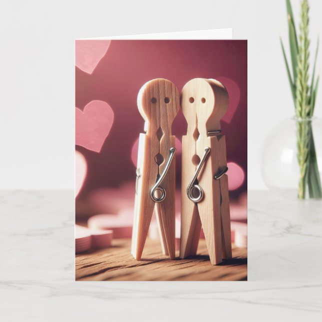 Anniversary Clothespin Couple With Hearts Holiday Card (Front)