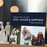 Anniversary Collage Love Laugh Happiness 3 Photo Plaque<br><div class="desc">Create your own photo plaque with 3 of your favorite pictures. The wording reads "[your names] LOVE, LAUGHS & HAPPINESS [number] years and counting". The template is set up for you to personalize with your names, date established/married and number of years together. The photo template is also set up ready...</div>