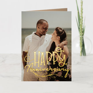 Anniversary Custom Photo Modern Gold Script Foil Greeting Card