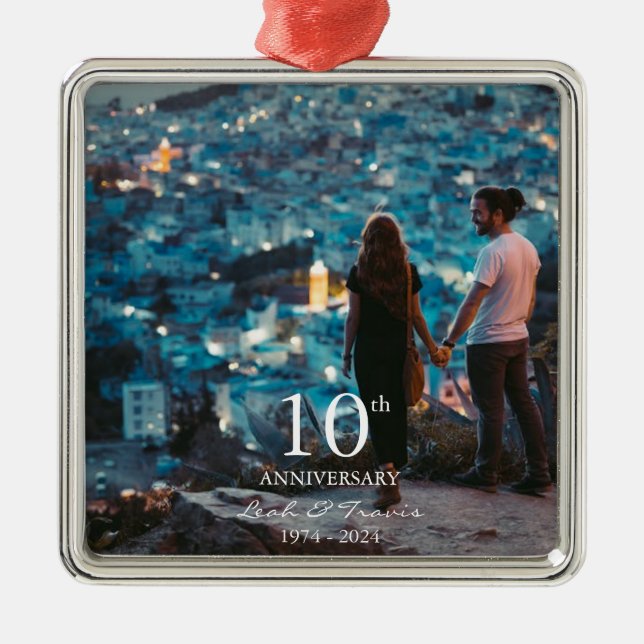 Anniversary custom photo wedding chic white font metal ornament (Front)