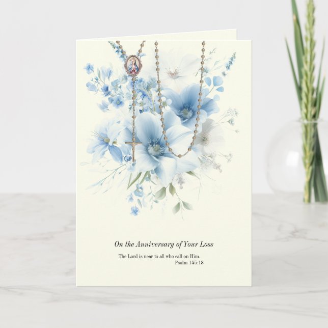 Anniversary Death Loss Rosary Virgin Mary Floral Card (Front)
