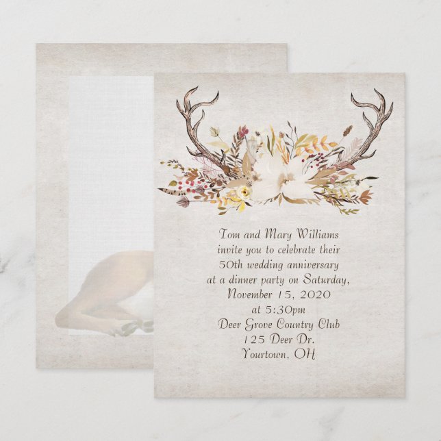 anniversary dinner-autumn bouquet and deer antlers invitation (Front/Back)