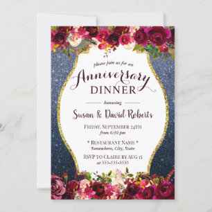 Anniversary Dinner Burgundy Floral Navy Blue Invitation