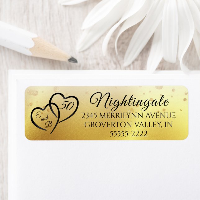 Anniversary Elegant Script Hearts Initial Gold Return Address Label (Insitu)
