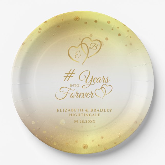 Anniversary Gold Hearts  YEARS INTO FOREVER Paper Plate (Front)