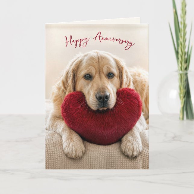 Anniversary Golden Retriever with Heart Pillow Card (Front)