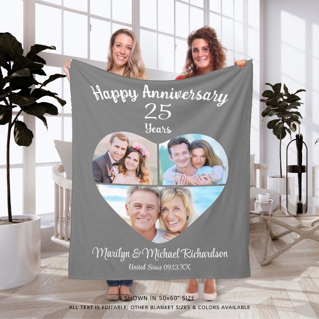 Anniversary Heart 3 Photo Collage Custom Colour Fleece Blanket (Creator Uploaded)