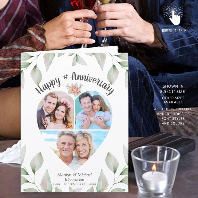 Anniversary Heart Shaped Photo Collage Greenery Card (Creator Uploaded)